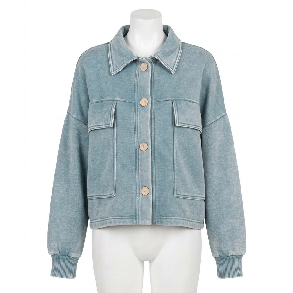 NEW ZENANA acid wash fleece cropped shacket with front pockets in blue grey